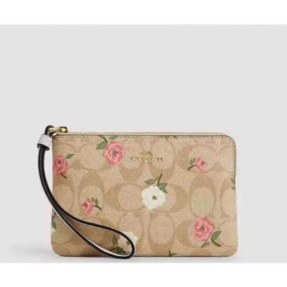 NWT Coach Corner Zip Wristlet In Signature Canvas With Floral Print - Picture 1 of 3